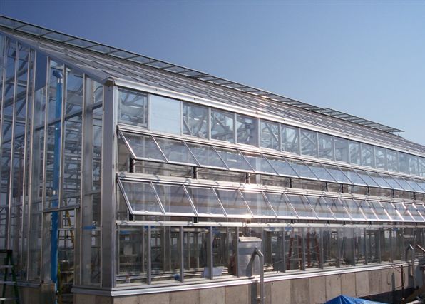 The rack and pinion side roof vents used in a glass greenhouse need to be checked regularly for any maintenance issues.