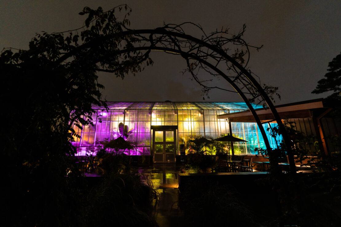 The Memphis Botanic Garden glasshouse is stunning at night with its LED lighting.