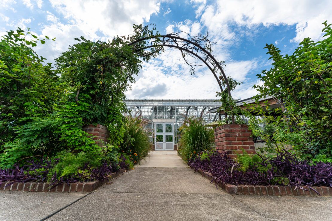 Outside view of main entrance to Memphis Botanic Garden conservatory greenhouse