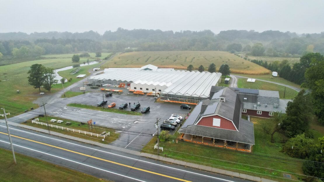 Aerial shot of Samascott's Garden Market retail store and greenhouses