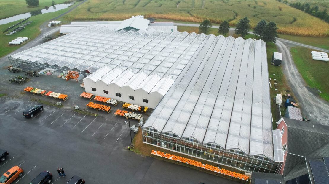 Overhead drone shot of entire Samascott's Garden Market Operation with new Open Roof greenhouses on left side.