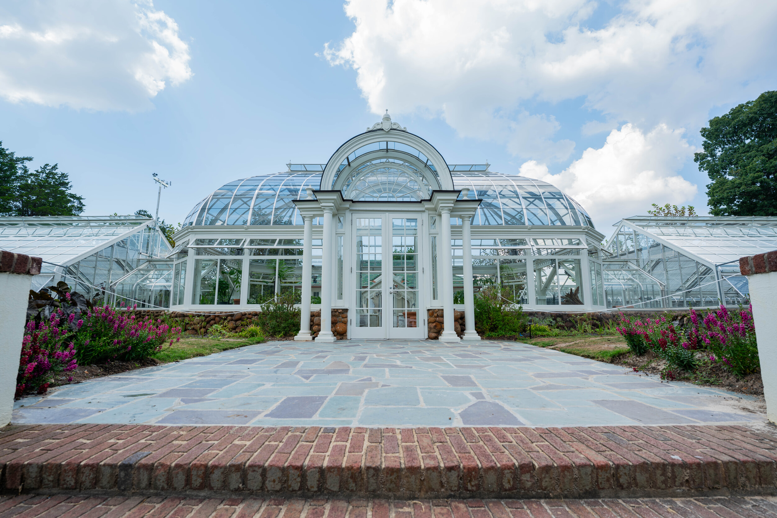 Front view of historic Reynolda Conservatory with ornate front entrance