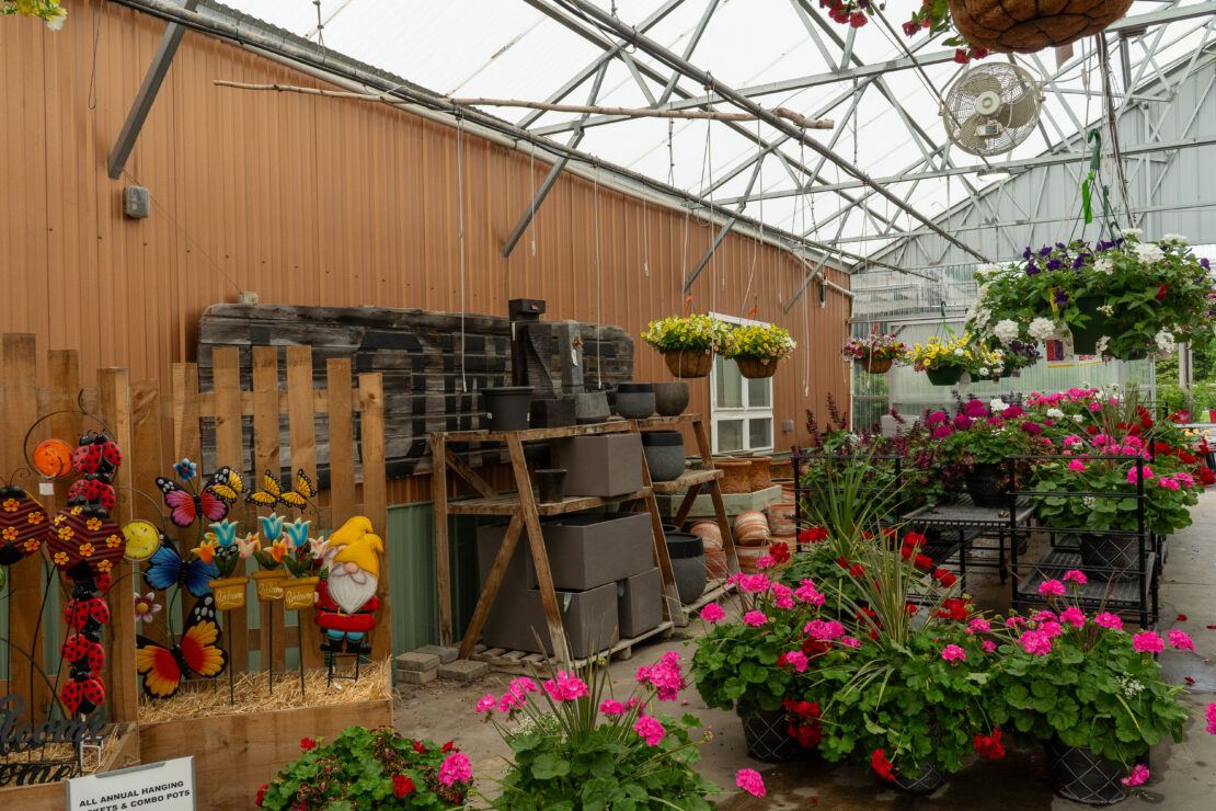 Colored metal paneling makes a great backdrop for garden center displays.